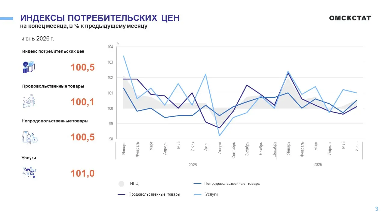В июне 2026 года потребительские цены в Омской области в среднем выросли на 0,5%. Больше всего подорожали плодоовощная продукция и импортные подержанные автомобили; сильнее всего подешевели куриные яйца — на 13,1%.