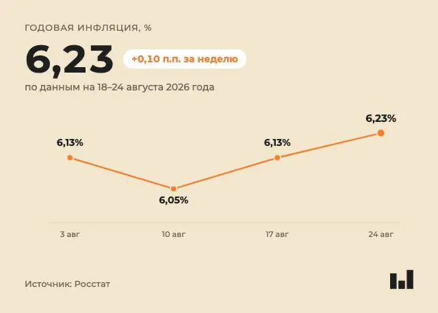 За неделю инфляция составила 0,01%, годовая поднялась до 6,23%. Бензин подорожал примерно на 0,9%, овощи подешевели, сахар и гречка стали дороже. С начала года инфляция достигла 4,68%.